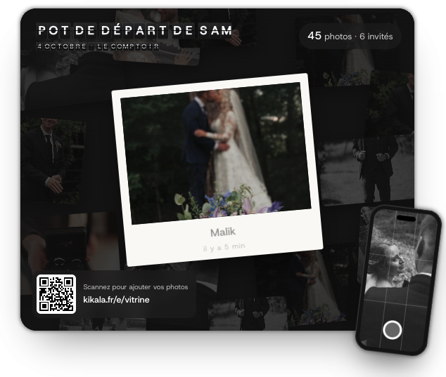 Mur de photos Kikala affiché sur écran, avec QR code et téléphone d'un invité